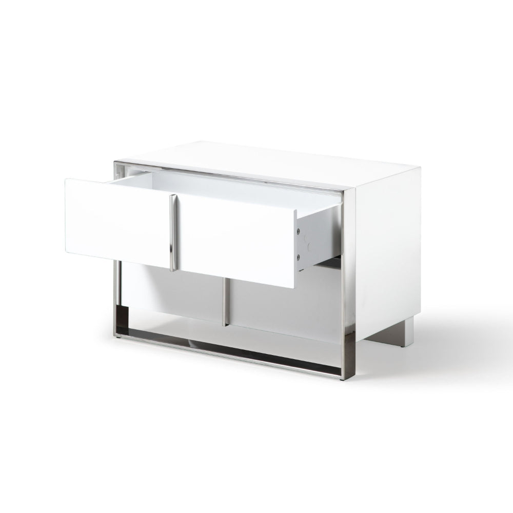 Benjara 28 Inch Nightstand, High Gloss White, 2 Drawers, Sleek Chrome Handles