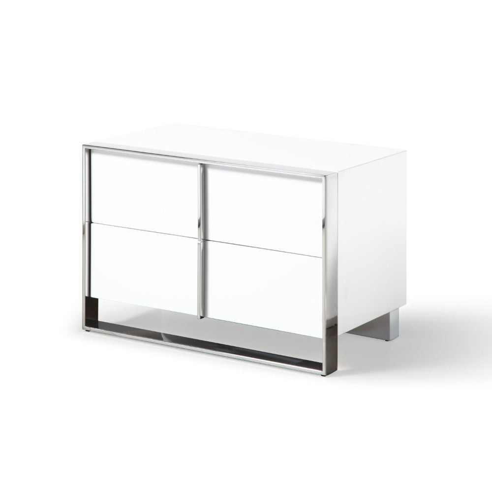 Benjara 28 Inch Nightstand, High Gloss White, 2 Drawers, Sleek Chrome Handles
