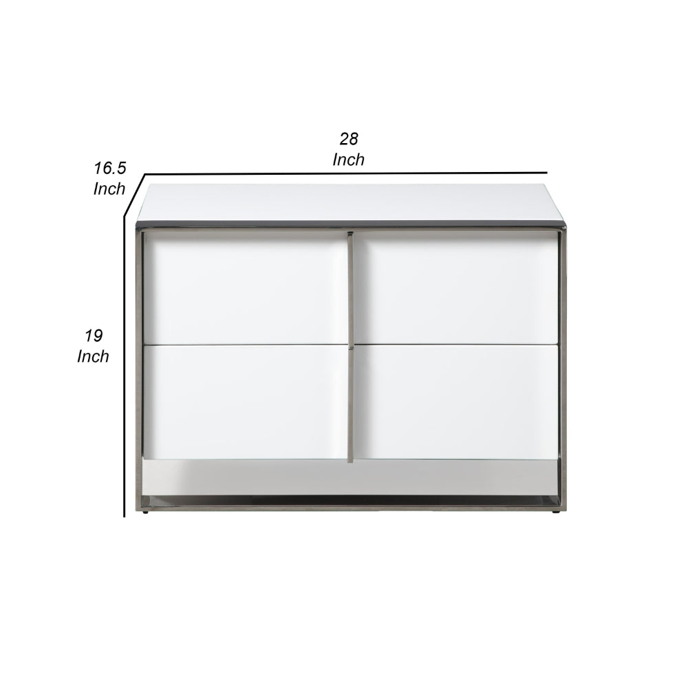 Benjara 28 Inch Nightstand, High Gloss White, 2 Drawers, Sleek Chrome Handles