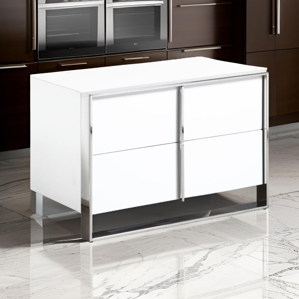 Benjara 28 Inch Nightstand, High Gloss White, 2 Drawers, Sleek Chrome Handles