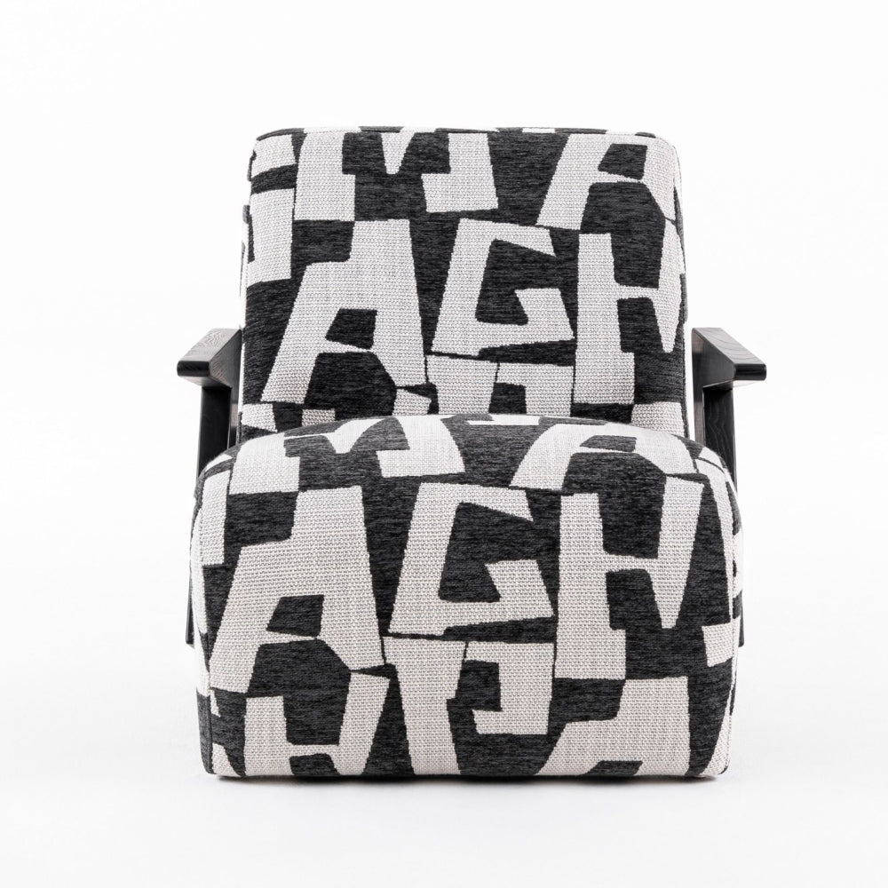 Benjara 27 Inch Accent Chair, Polyester Black And White Geometric Pattern Print