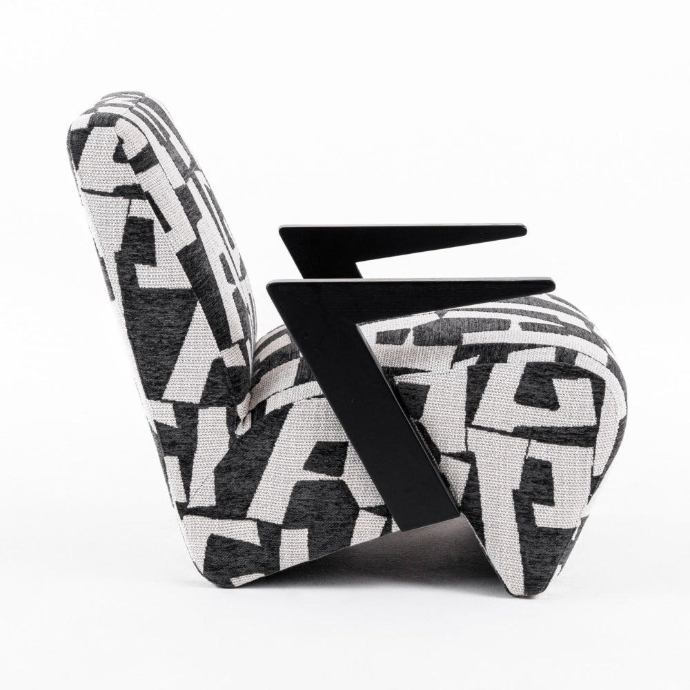 Benjara 27 Inch Accent Chair, Polyester Black And White Geometric Pattern Print
