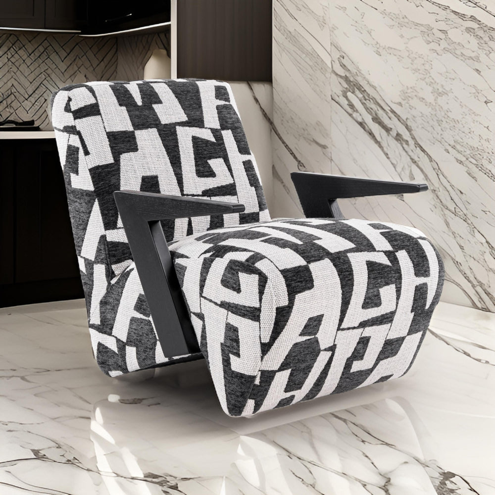 Benjara 27 Inch Accent Chair, Polyester Black And White Geometric Pattern Print