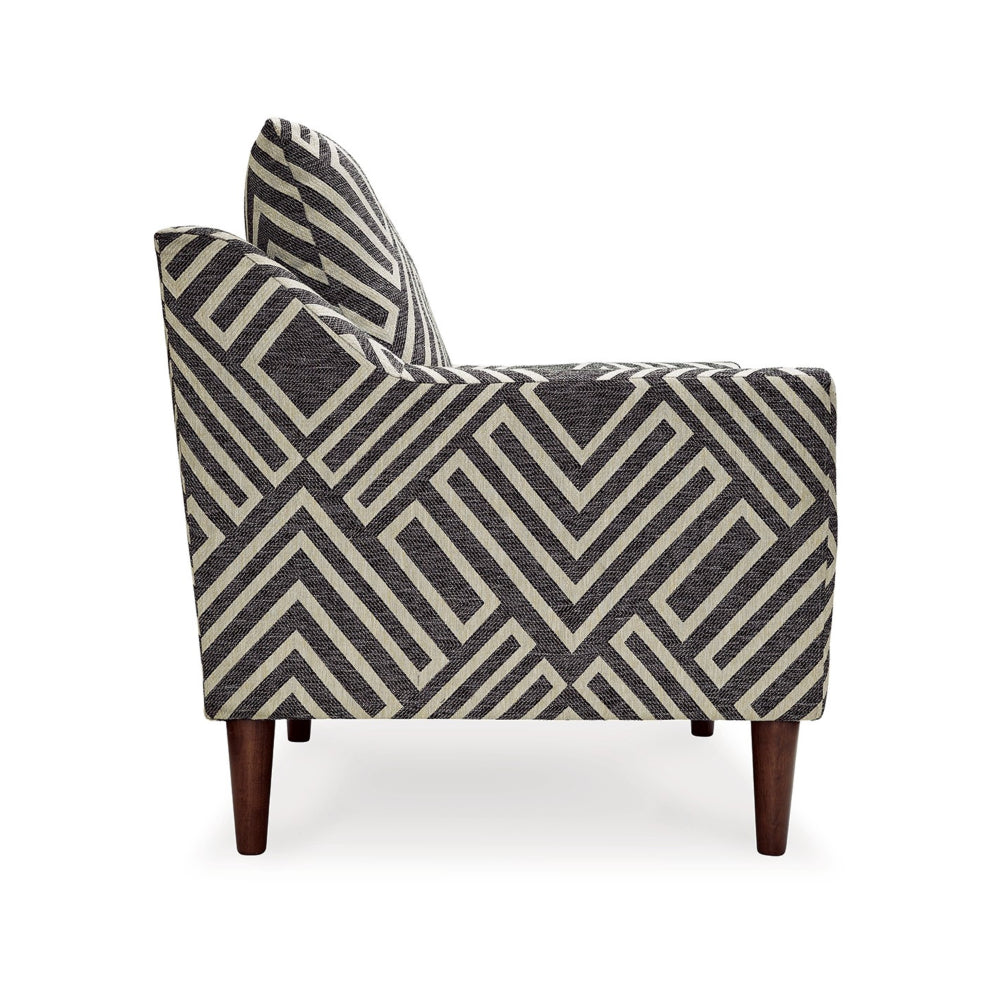 Benjara Morris Accent Chair, Gray, White Geometric Pattern, Polyester, Brown Wood