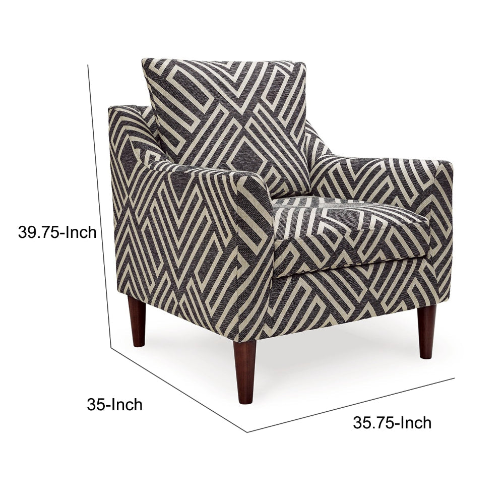 Benjara Morris Accent Chair, Gray, White Geometric Pattern, Polyester, Brown Wood