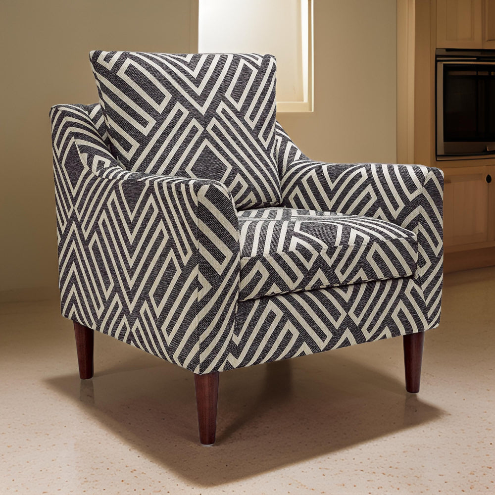 Benjara Morris Accent Chair, Gray, White Geometric Pattern, Polyester, Brown Wood