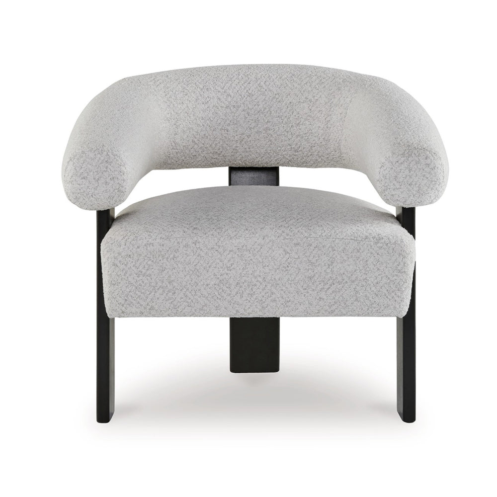 Benjara Tisa Accent Chair, Gray Polyester, 3 Leg Black Wood Frame Round Barrel Back