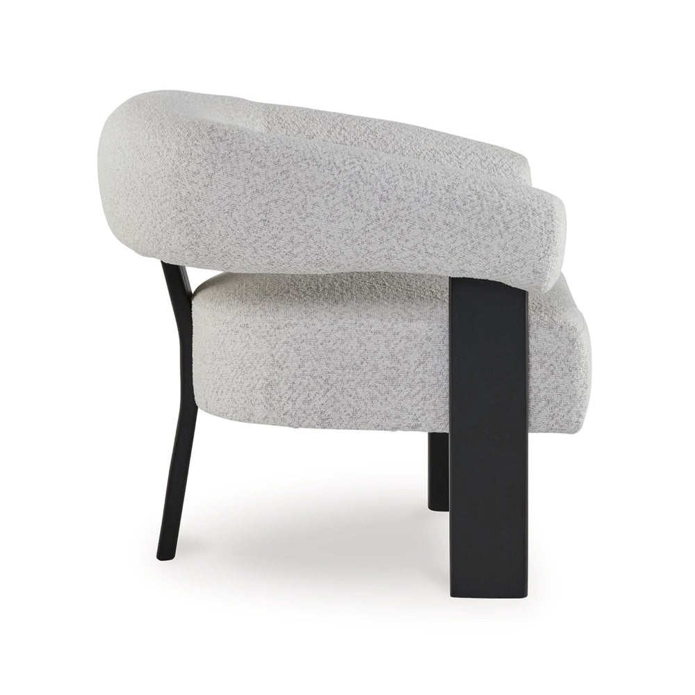 Benjara Tisa Accent Chair, Gray Polyester, 3 Leg Black Wood Frame Round Barrel Back