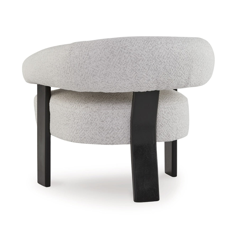 Benjara Tisa Accent Chair, Gray Polyester, 3 Leg Black Wood Frame Round Barrel Back