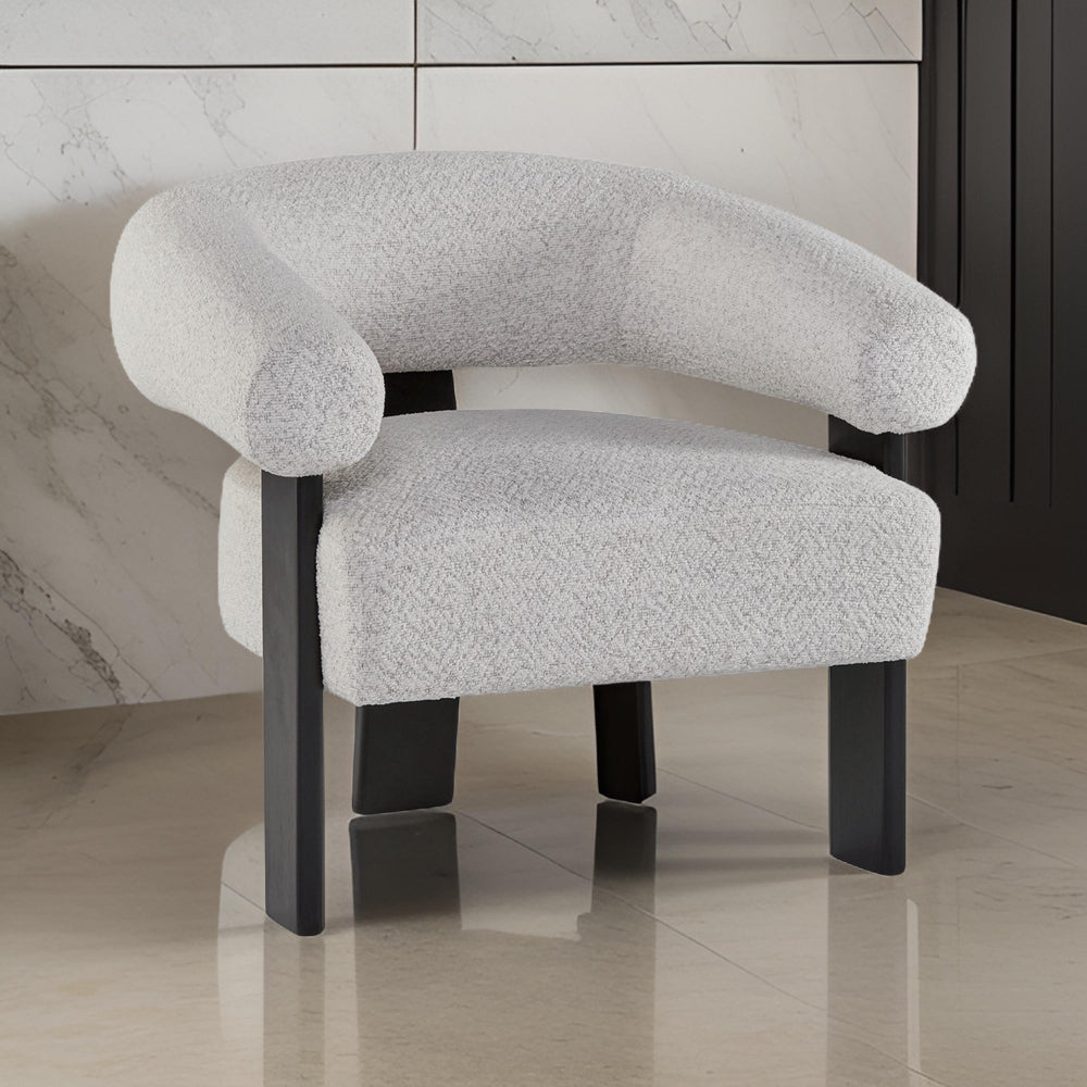Benjara Tisa Accent Chair, Gray Polyester, 3 Leg Black Wood Frame Round Barrel Back