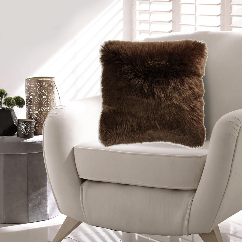 Benjara Throw Pillow Set of 4, 20 Inch, Faux Fur Polyester, Plush Textured Brown
