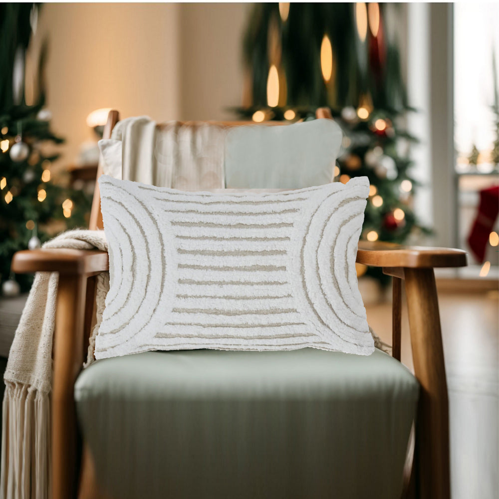 Benjara Aris 14 x 22 Lumbar Throw Pillow Set of 4, Geometric Design, White, Tan