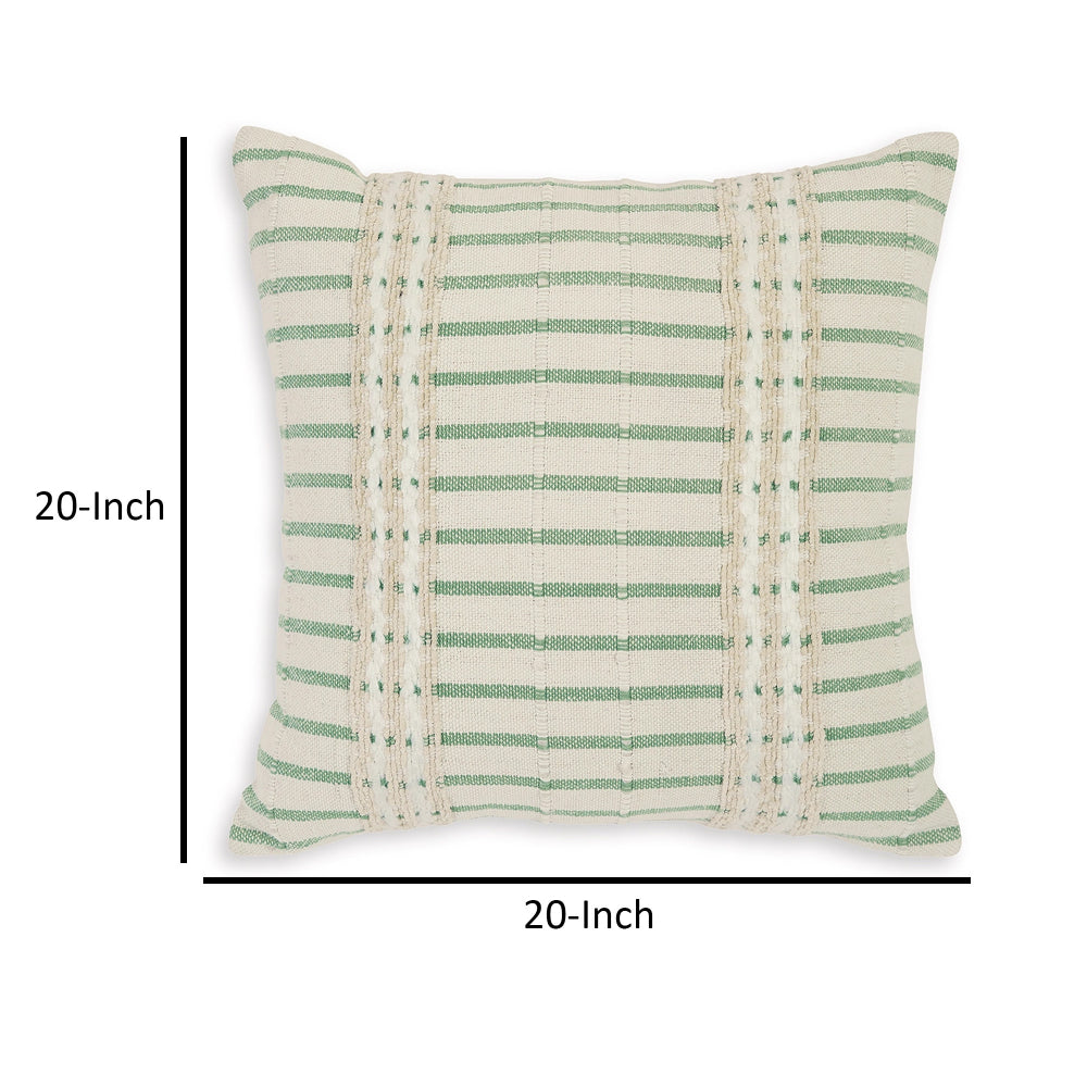 Benjara Tony 20 Inch Throw Pillow Set of 4, Striped Design, White And Green Cotton