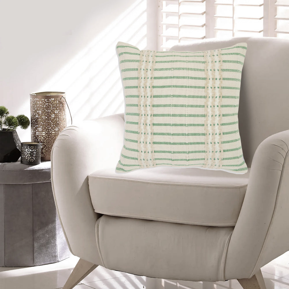 Benjara Tony 20 Inch Throw Pillow Set of 4, Striped Design, White And Green Cotton