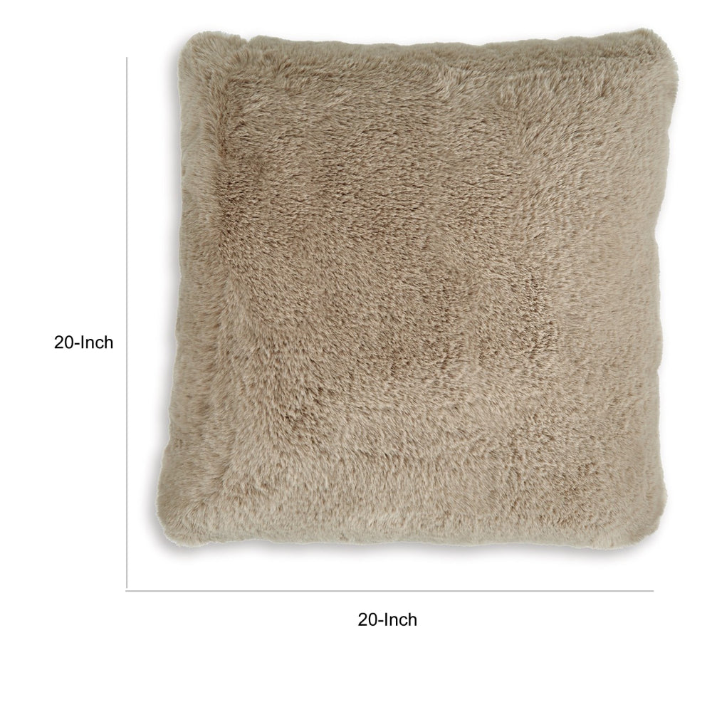 Benjara Difi Throw Pillow Set of 4, 20 Inch, Faux Rabbit Fur Face, Taupe Polyester