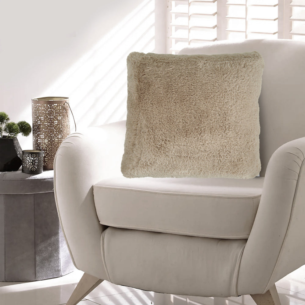 Benjara Difi Throw Pillow Set of 4, 20 Inch, Faux Rabbit Fur Face, Taupe Polyester