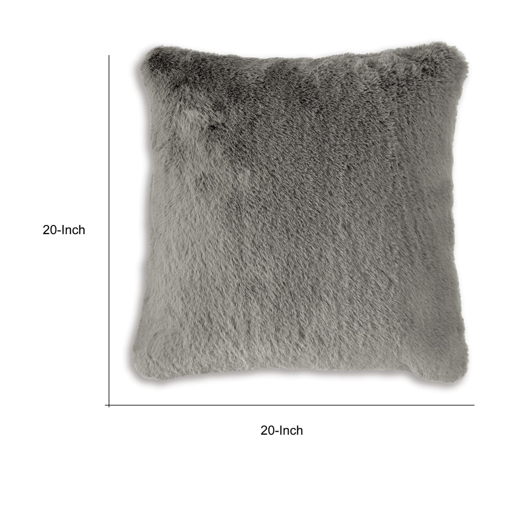 Benjara Difi Throw Pillow Set of 4, 20 Inch, Faux Rabbit Fur Face, Gray Polyester