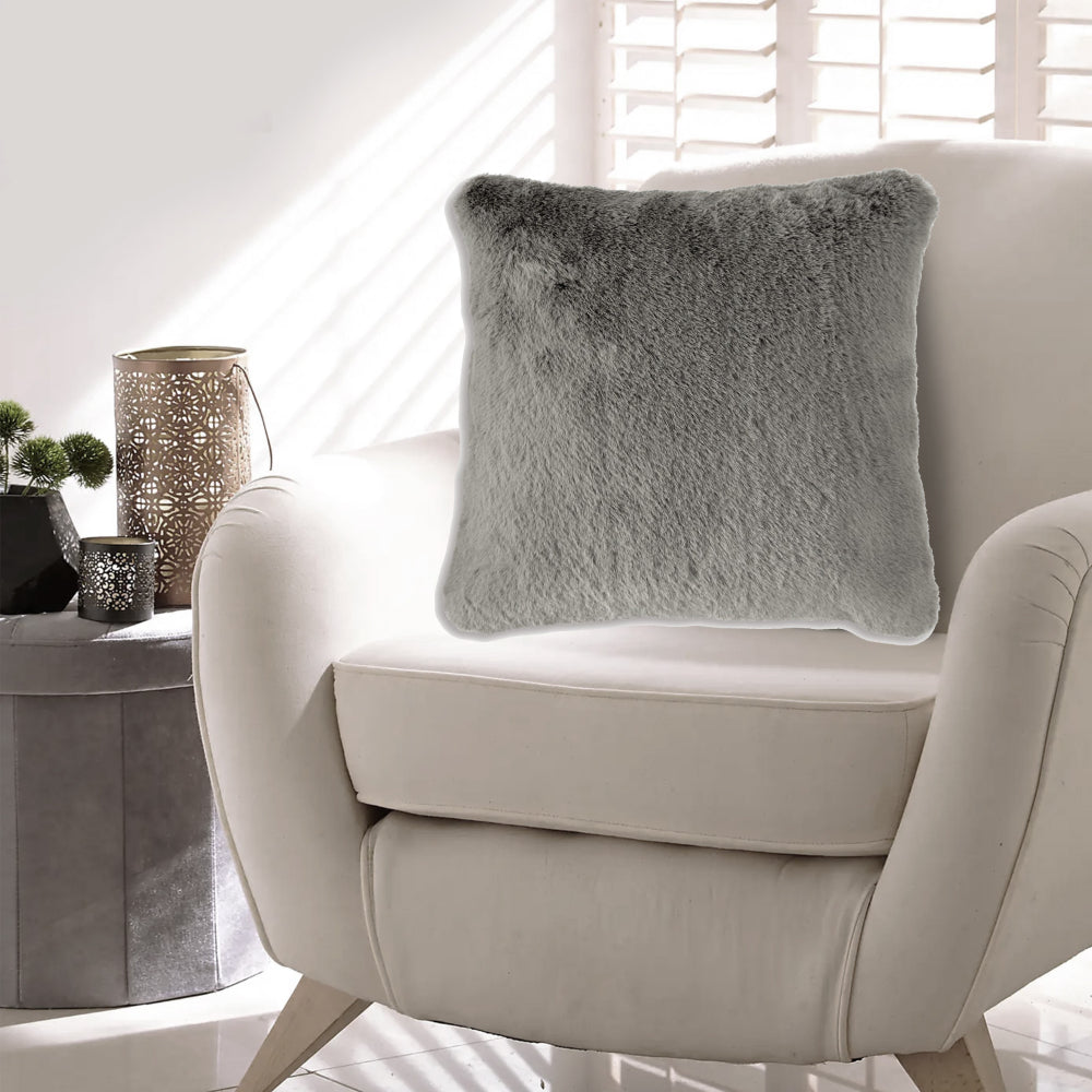 Benjara Difi Throw Pillow Set of 4, 20 Inch, Faux Rabbit Fur Face, Gray Polyester