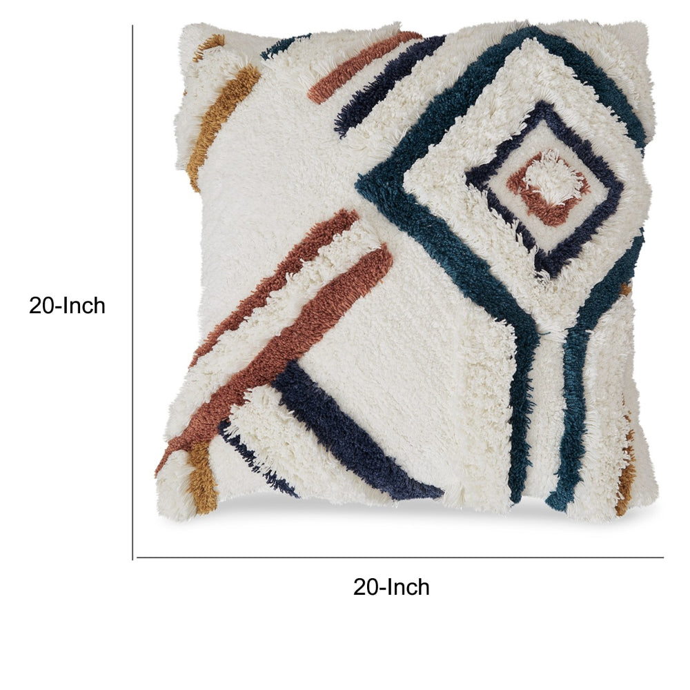 Benjara Throw Pillow Set of 4, 20 Inch, Whimsical Design, Boho Style, White, Blue