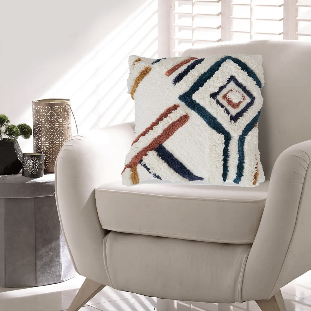 Benjara Throw Pillow Set of 4, 20 Inch, Whimsical Design, Boho Style, White, Blue
