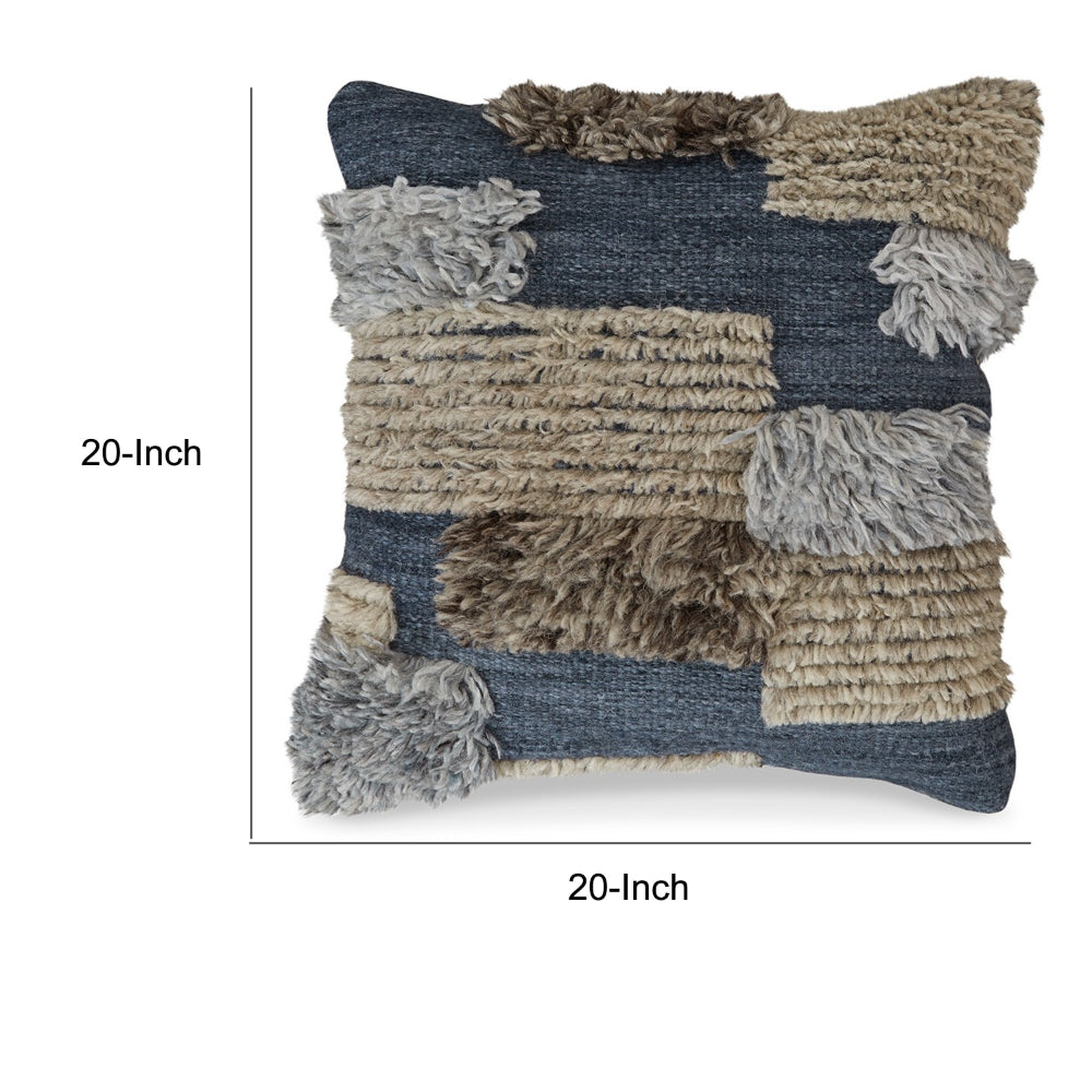 Benjara Throw Pillow Set of 4, 20 Inch, Cotton, Knotted Stripes, Patchwork, Blue