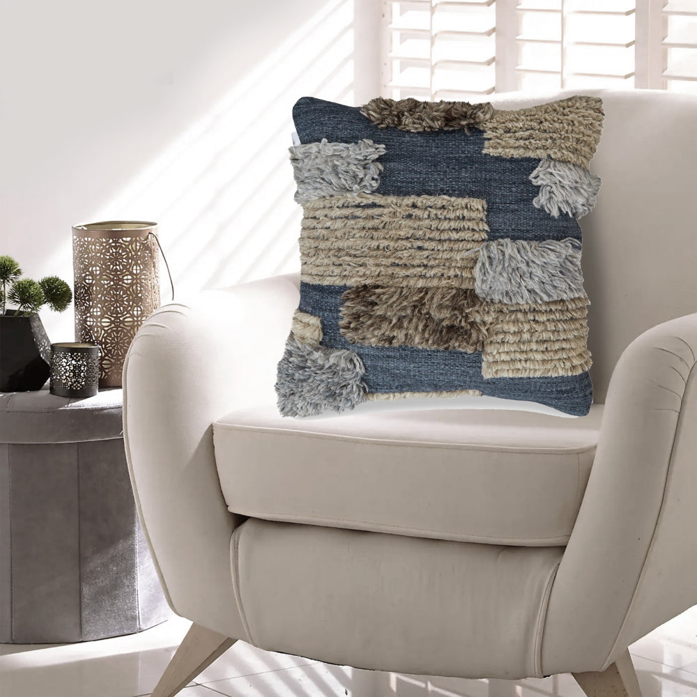 Benjara Throw Pillow Set of 4, 20 Inch, Cotton, Knotted Stripes, Patchwork, Blue