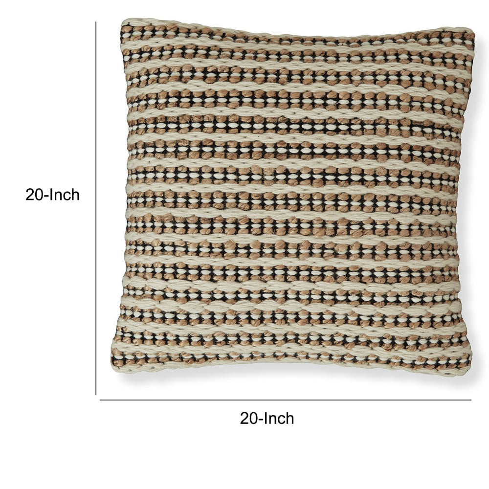 Benjara Throw Pillow Set of 4, 20 Inch, Cotton, Woven Striped Design, Beige, Black
