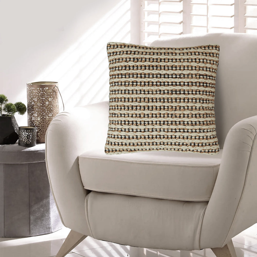 Benjara Throw Pillow Set of 4, 20 Inch, Cotton, Woven Striped Design, Beige, Black