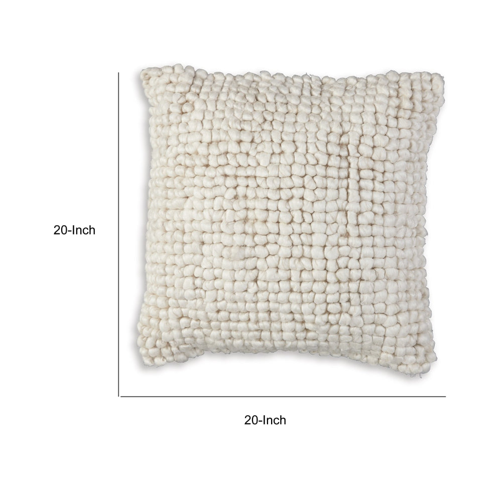 Benjara Throw Pillow Set of 4, 20 Inch, Modern Looped Design, Soft White Cotton