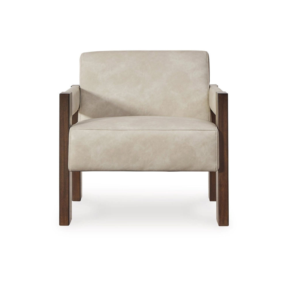 Benjara Live Accent Chair, Cushioned Seat, White Faux Leather, Espresso Brown Wood
