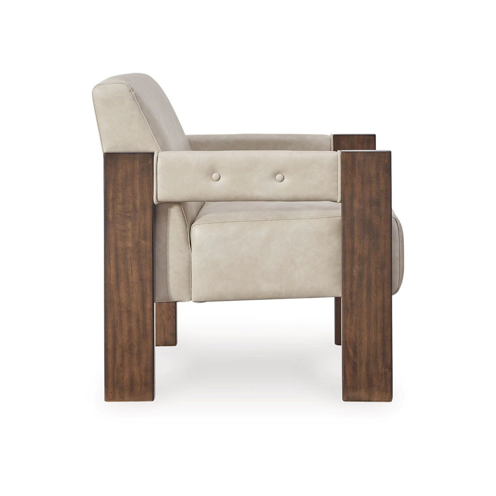 Benjara Live Accent Chair, Cushioned Seat, White Faux Leather, Espresso Brown Wood