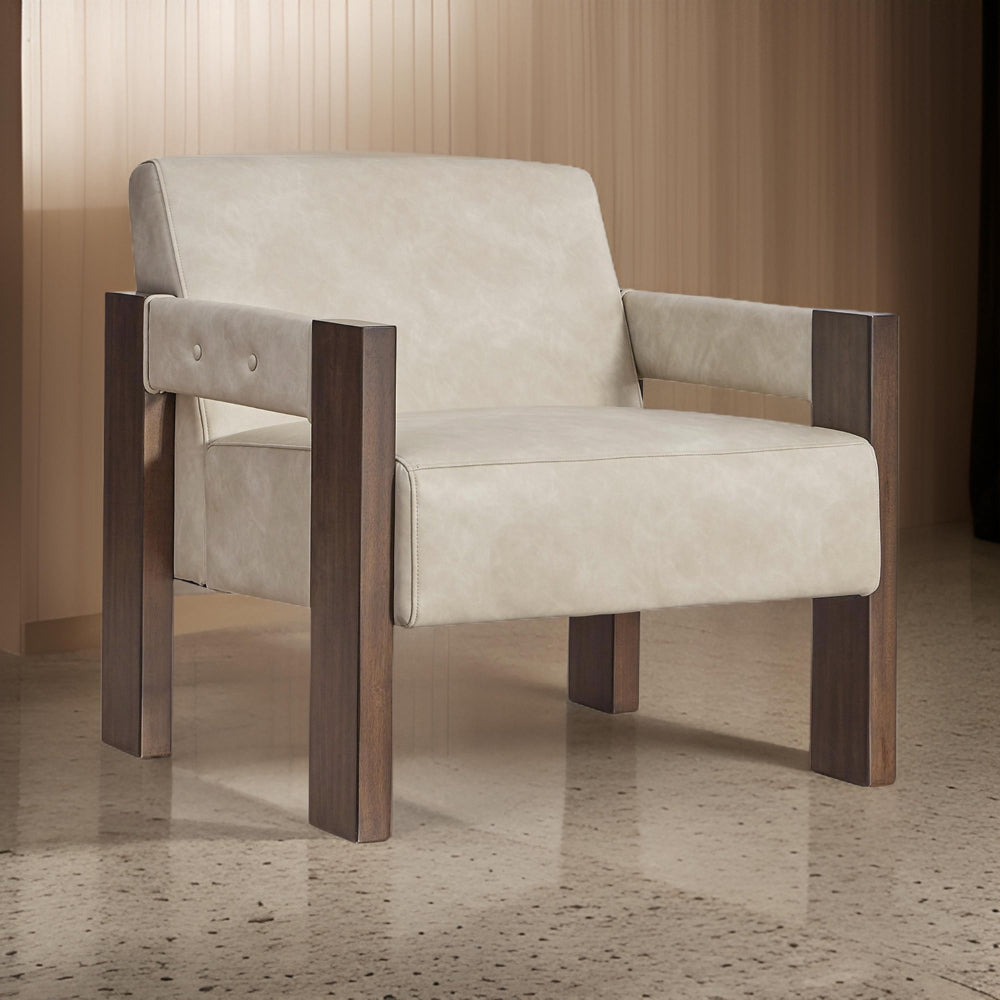 Benjara Live Accent Chair, Cushioned Seat, White Faux Leather, Espresso Brown Wood