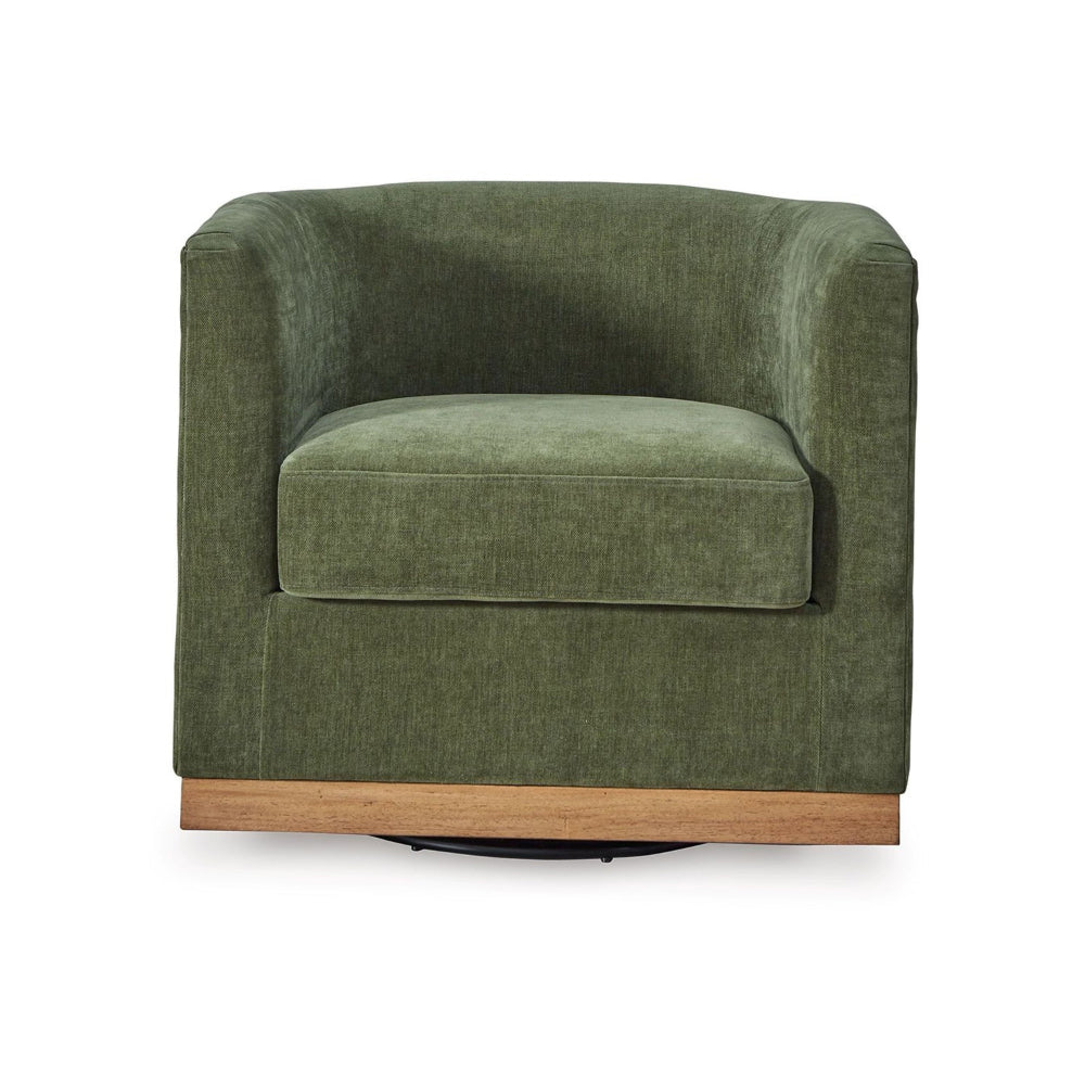 Benjara Swivel Accent Chair, Green Cushioned Fabric, Barrel Style, Brown Wood Base