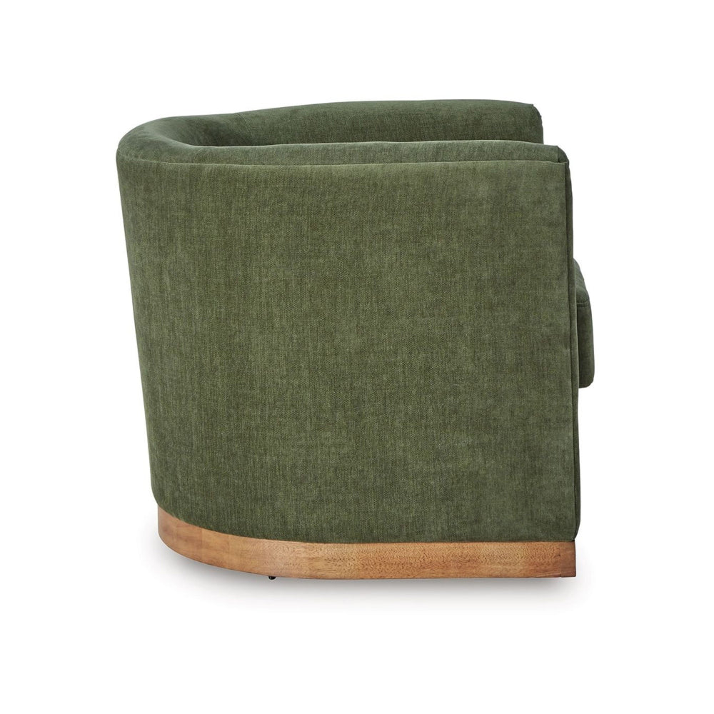 Benjara Swivel Accent Chair, Green Cushioned Fabric, Barrel Style, Brown Wood Base