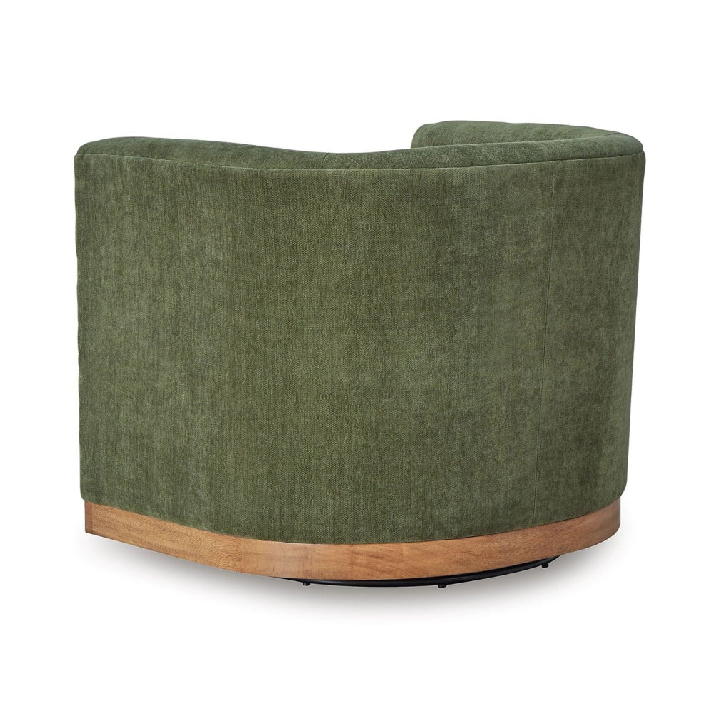 Benjara Swivel Accent Chair, Green Cushioned Fabric, Barrel Style, Brown Wood Base