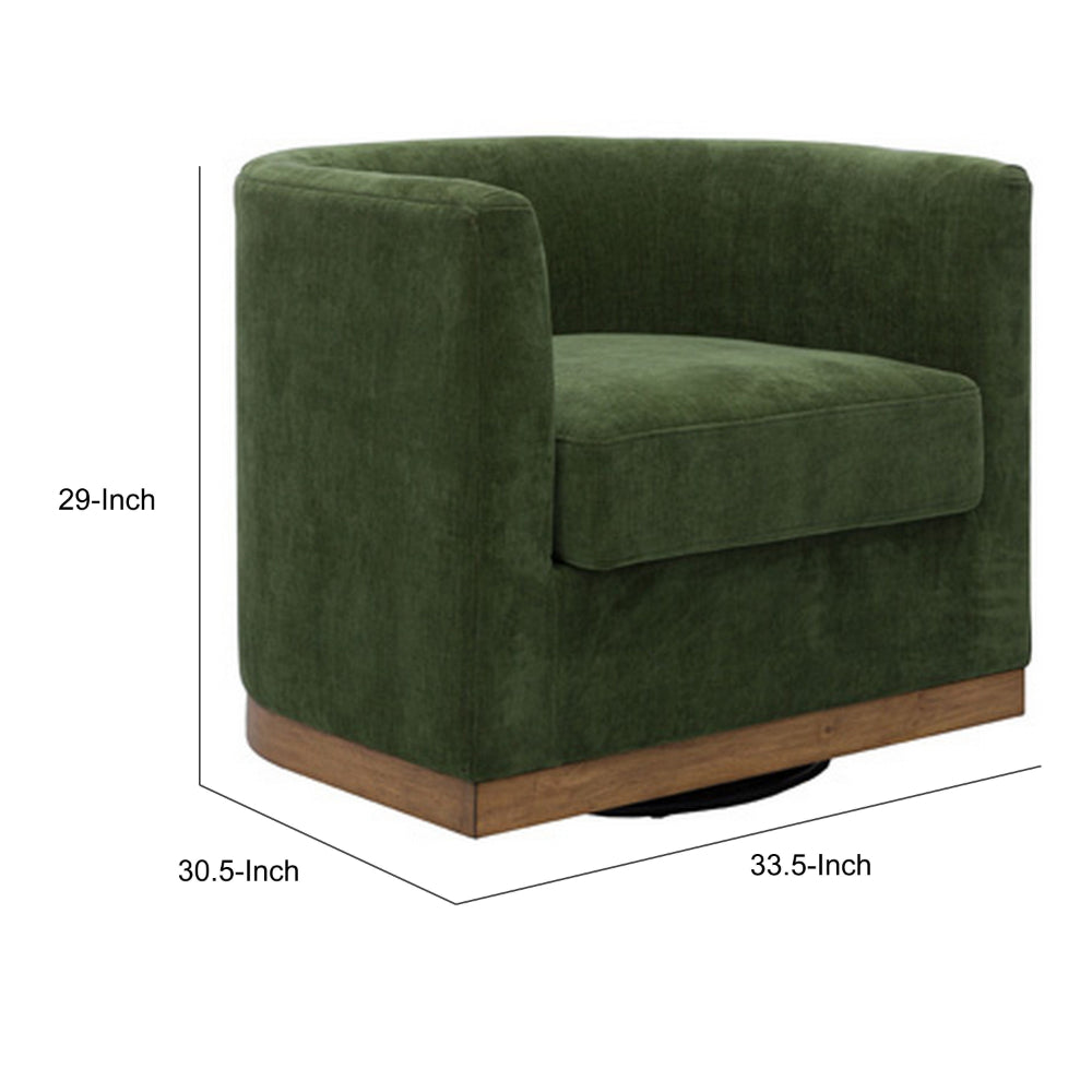 Benjara Swivel Accent Chair, Green Cushioned Fabric, Barrel Style, Brown Wood Base