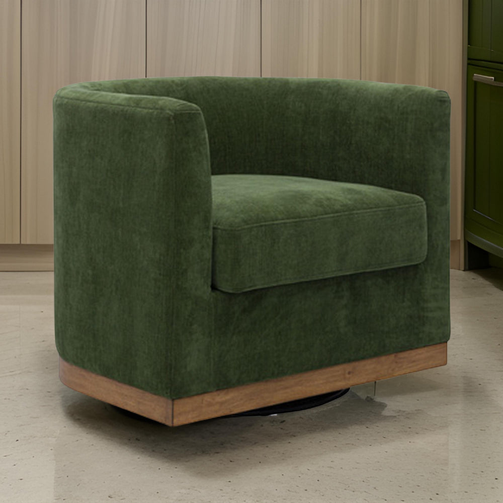 Benjara Swivel Accent Chair, Green Cushioned Fabric, Barrel Style, Brown Wood Base