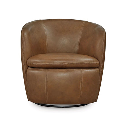Benjara Niko Swivel Accent Chair, Round Barrel Design, Brown Top Grain Leather