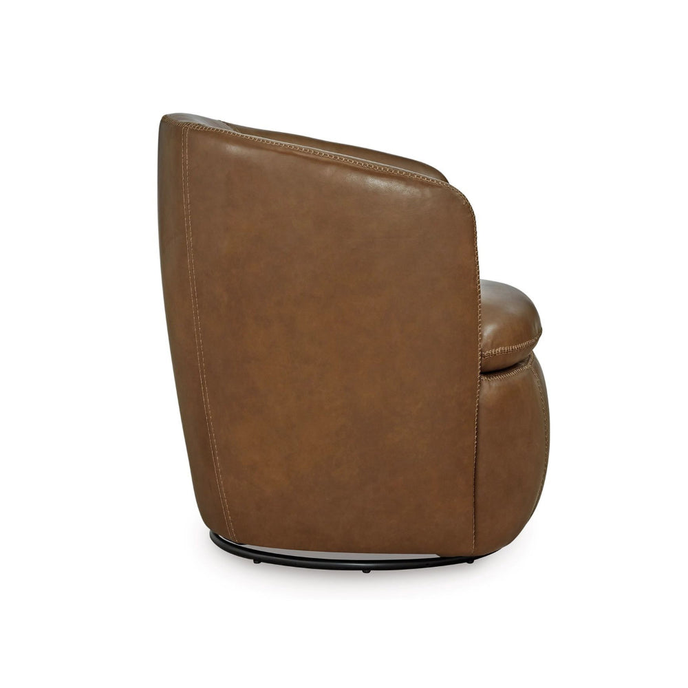 Benjara Niko Swivel Accent Chair, Round Barrel Design, Brown Top Grain Leather
