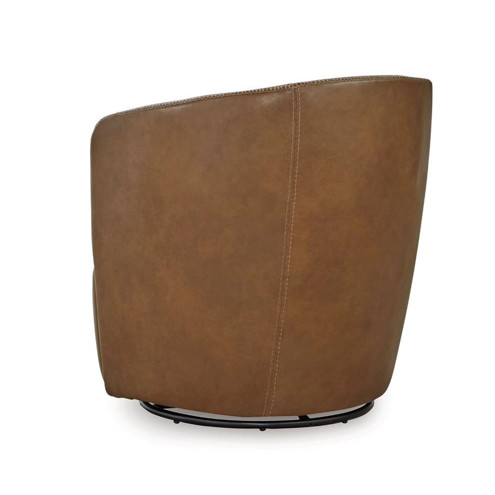Benjara Niko Swivel Accent Chair, Round Barrel Design, Brown Top Grain Leather