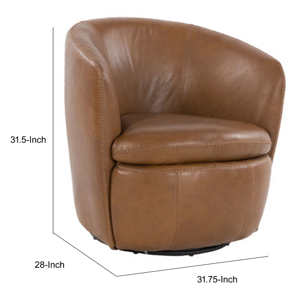 Benjara Niko Swivel Accent Chair, Round Barrel Design, Brown Top Grain Leather