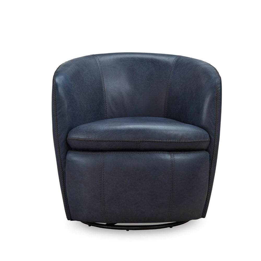 Benjara Niko Swivel Accent Chair, Round Barrel Design, Blue Top Grain Leather