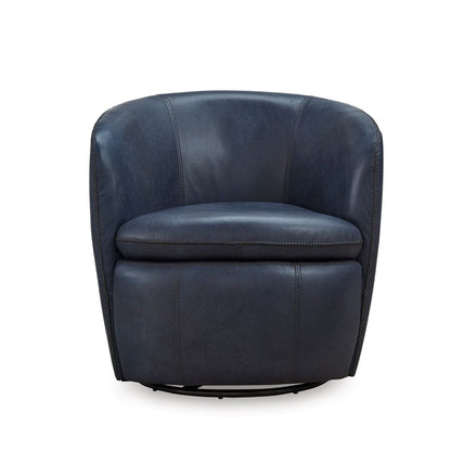 Benjara Niko Swivel Accent Chair, Round Barrel Design, Blue Top Grain Leather