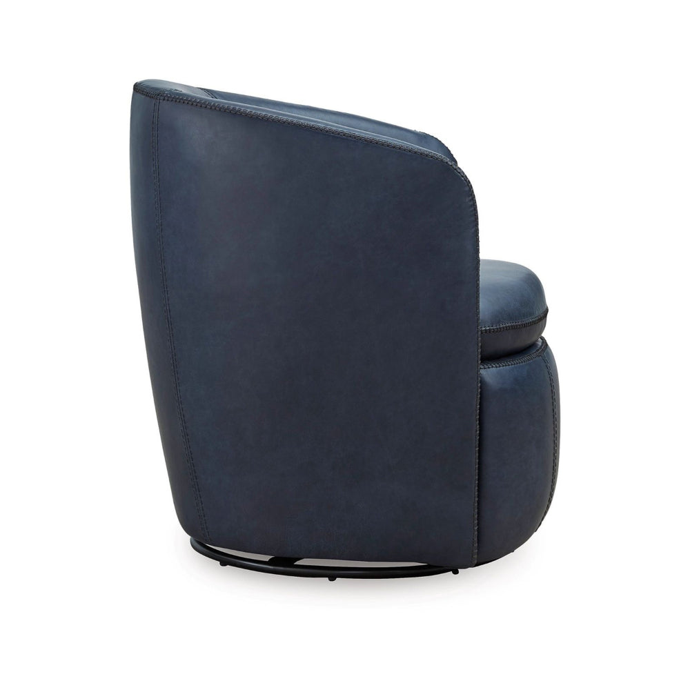 Benjara Niko Swivel Accent Chair, Round Barrel Design, Blue Top Grain Leather