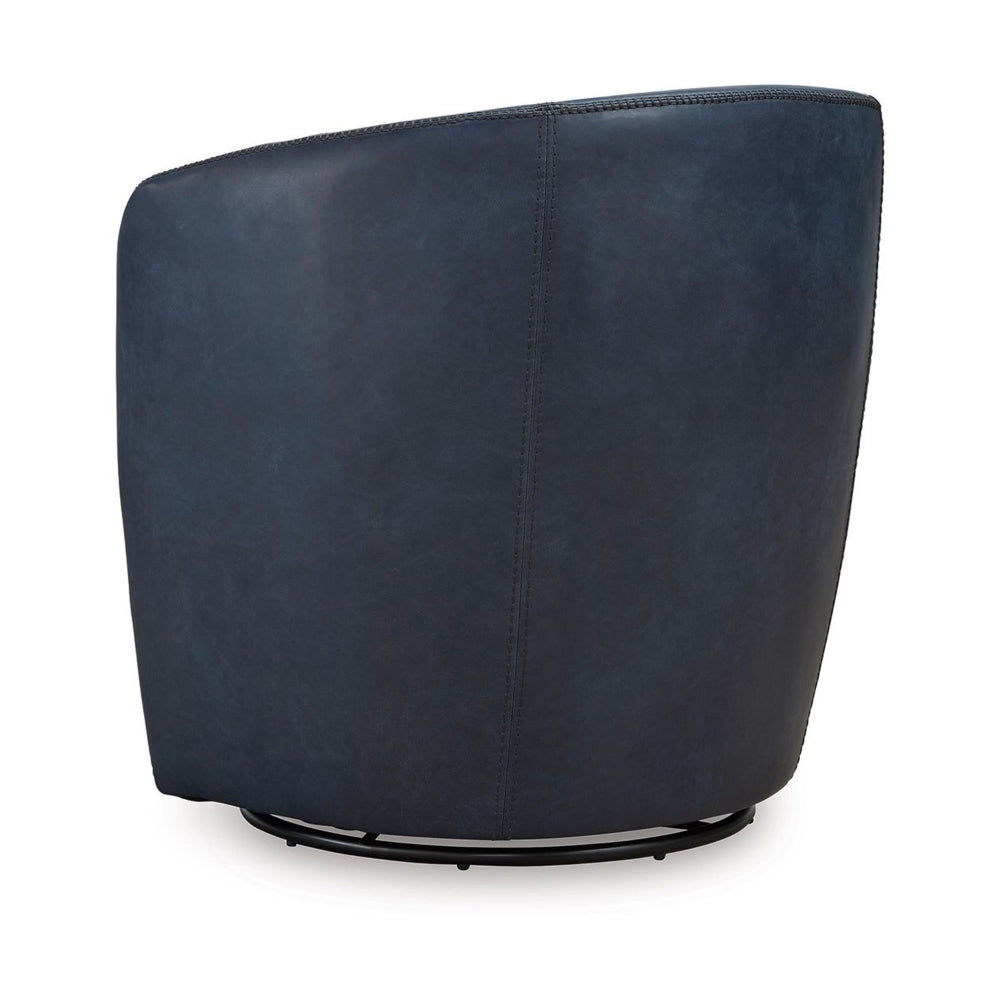Benjara Niko Swivel Accent Chair, Round Barrel Design, Blue Top Grain Leather