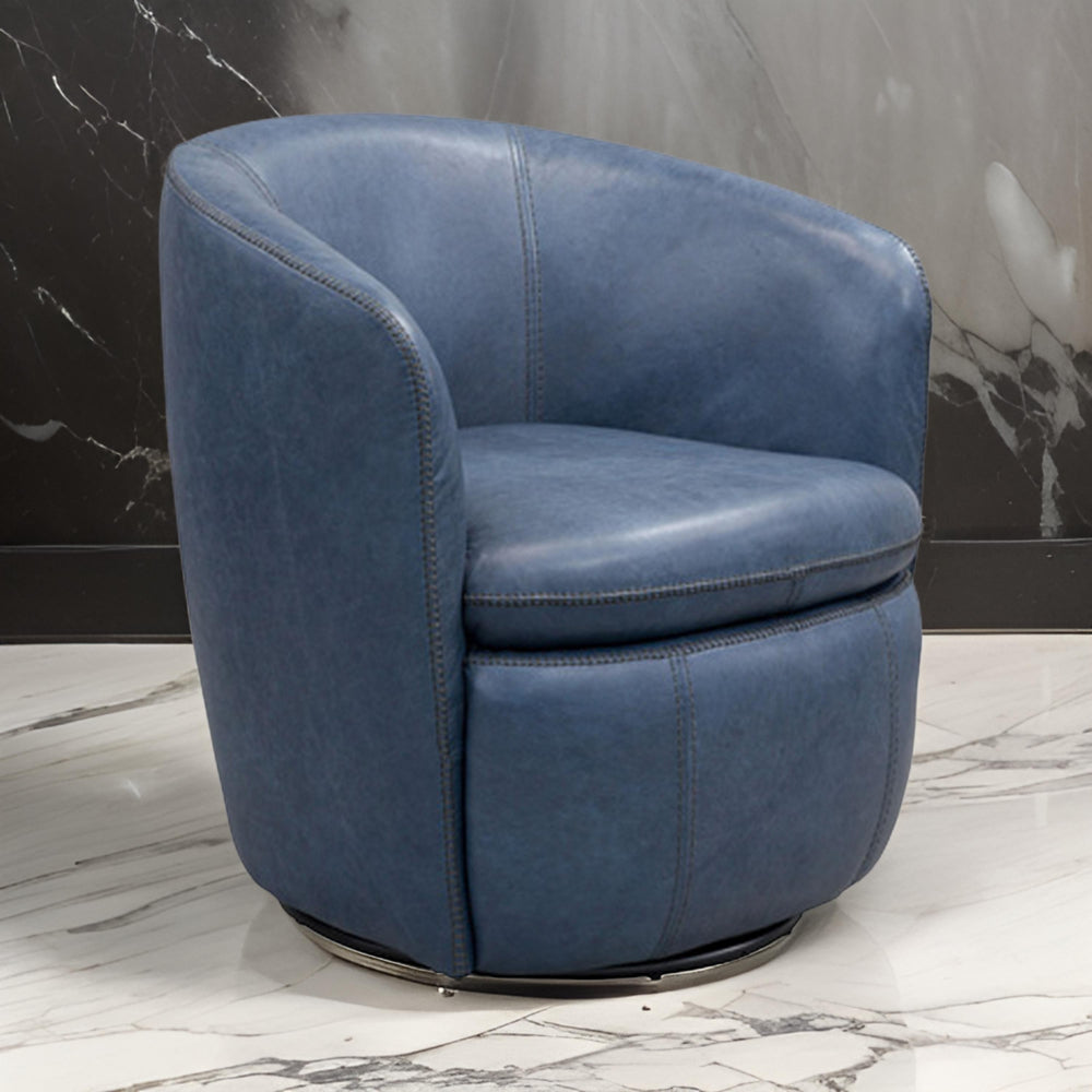 Benjara Niko Swivel Accent Chair, Round Barrel Design, Blue Top Grain Leather