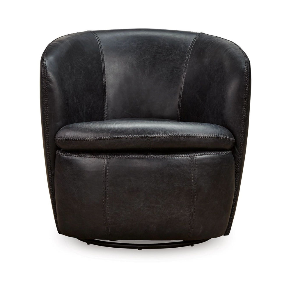 Benjara Niko Swivel Accent Chair, Round Barrel Design, Dark Blue Top Grain Leather