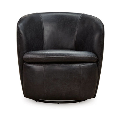 Benjara Niko Swivel Accent Chair, Round Barrel Design, Dark Blue Top Grain Leather