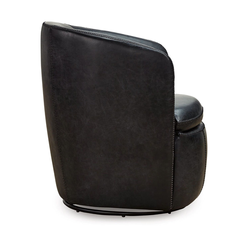Benjara Niko Swivel Accent Chair, Round Barrel Design, Dark Blue Top Grain Leather