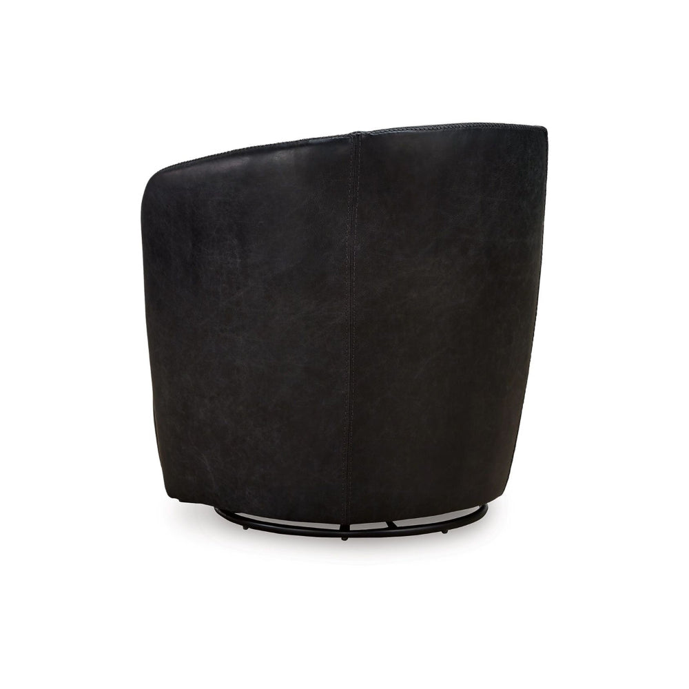 Benjara Niko Swivel Accent Chair, Round Barrel Design, Dark Blue Top Grain Leather